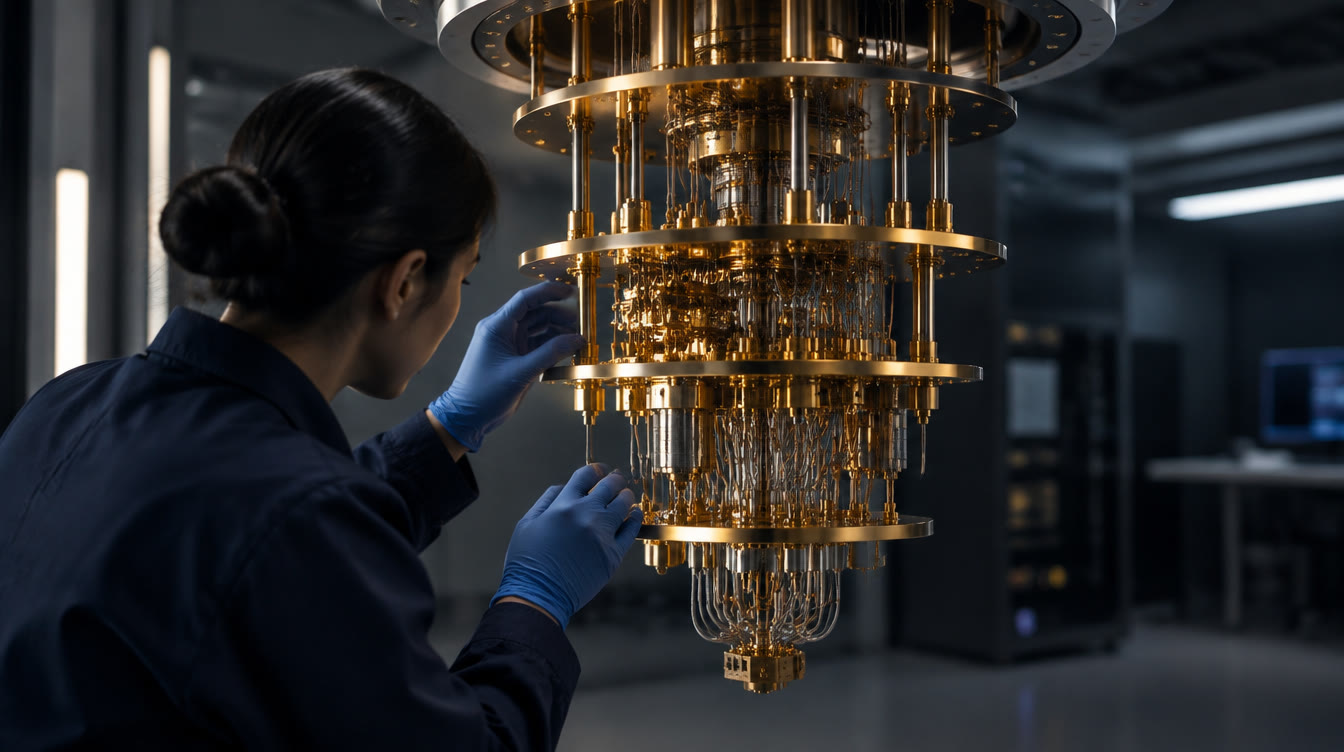A field engineer in gloves inspecting the gold stages of an open dilution refrigerator in a dim lab